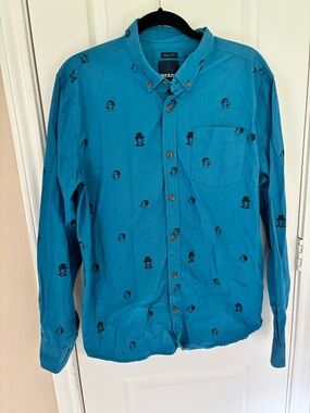 PrAna Broderick Slim Fit Shirt Men’s L Dapper Heads Mustache Organic Cotton LS